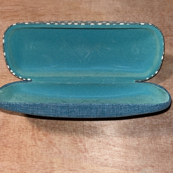 Eyeglass or sunglass case teal with white polka bots and glasses detailing - Picture 3 of 6